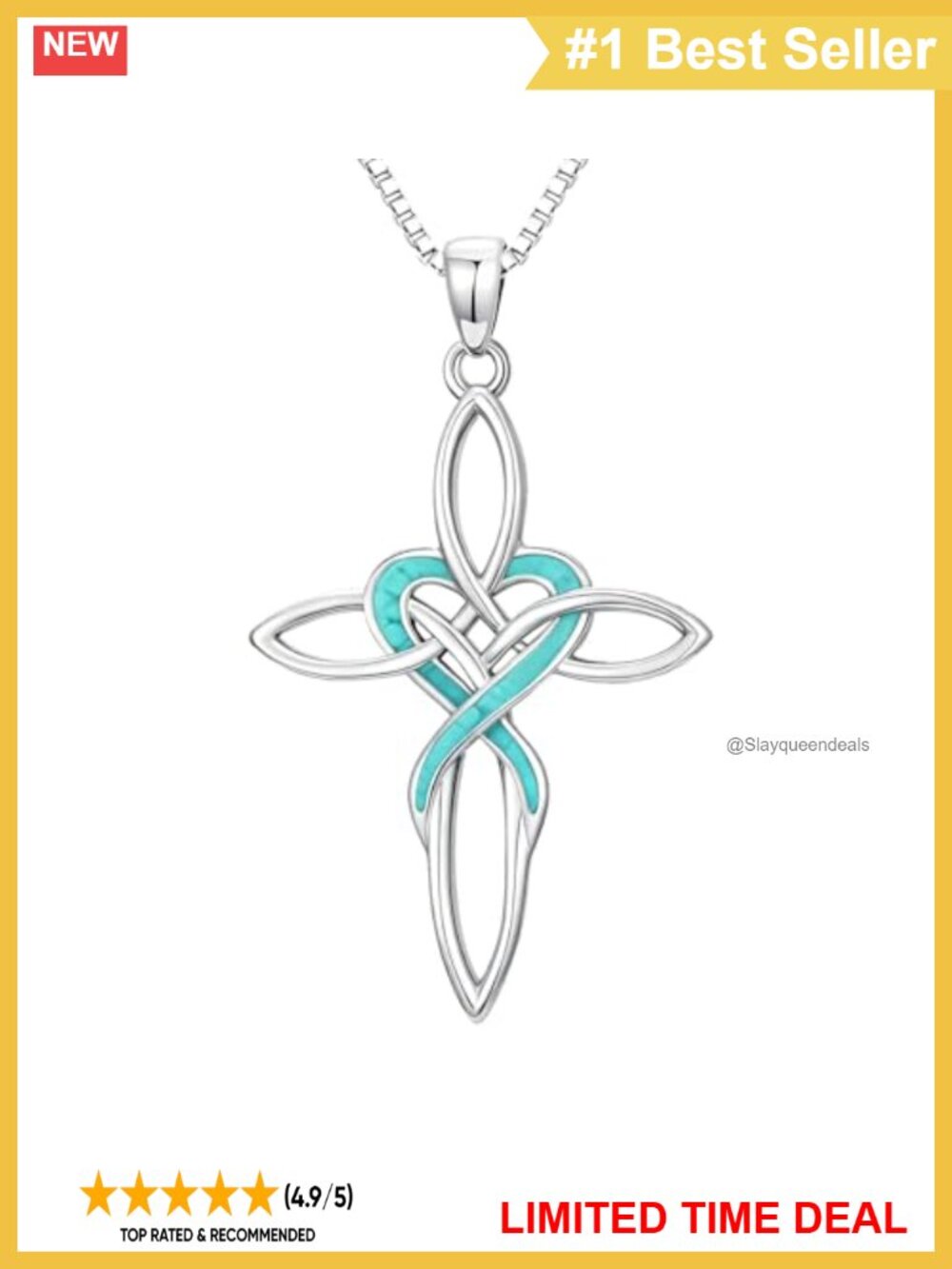 Celtic Knot Cross Pendant Necklace Turquoise Bezel Rhodium Plated Cable Chain